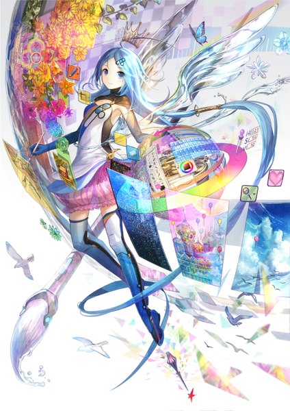 Anime picture 1071x1514 with original fuzichoco single tall image looking at viewer blush blue eyes smile blue hair very long hair armpit (armpits) angel wings weightlessness girl skirt gloves hair ornament flower (flowers) animal wings