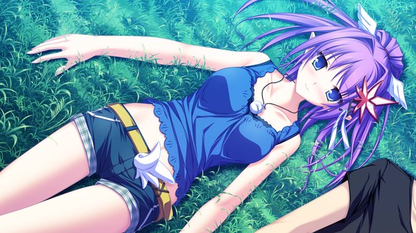 Anime picture 1920x1080 with maikaze no melt kureha (maikaze no melt) tenmaso long hair highres blue eyes wide image game cg purple hair pointy ears girl shorts