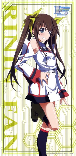 Anime picture 2139x4344 with infinite stratos 8bit fang linyin single long hair tall image blush highres blue eyes smile brown hair twintails bare shoulders girl uniform school uniform detached sleeves socks boots black socks