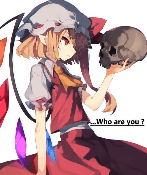 Anime picture 1850x2200 with touhou flandre scarlet kasuka (kusuki) bei mochi single tall image highres short hair blonde hair simple background red eyes standing white background holding looking away profile pointy ears one side up text question