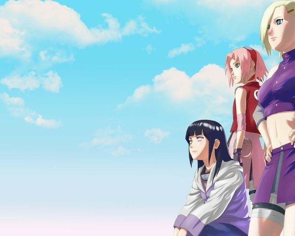 Anime picture 1280x1024 with naruto studio pierrot naruto (series) hyuuga hinata haruno sakura yamanaka ino tagme (artist) long hair fringe short hair blue eyes black hair blonde hair standing sitting purple eyes multiple girls green eyes pink hair sky