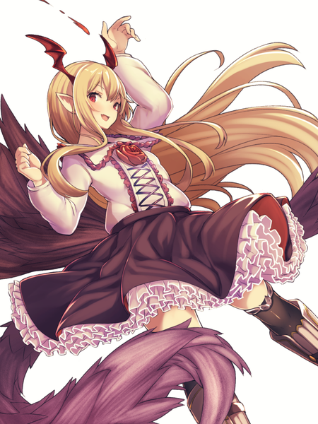 Anime picture 713x950 with shingeki no bahamut granblue fantasy vampy tobimura single long hair tall image looking at viewer blush fringe open mouth simple background blonde hair smile red eyes white background payot tail long sleeves :d
