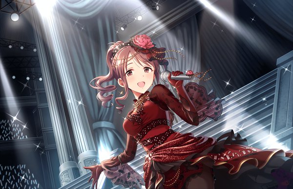 Anime picture 2560x1648 with idolmaster idolmaster cinderella girls idolmaster cinderella girls starlight stage mifune miyu single long hair looking at viewer blush highres open mouth brown hair brown eyes ponytail hair flower drill hair rouge couture girl dress gloves hair ornament