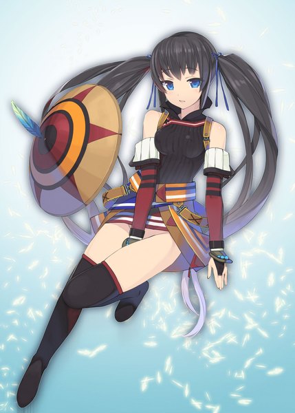 Anime picture 1500x2098 with monster hunter yukumo (armor) munashi mujou single long hair tall image blue eyes black hair twintails bare shoulders girl thighhighs black thighhighs feather (feathers) shield