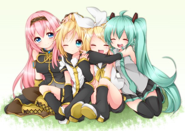 Anime picture 1600x1138 with vocaloid hatsune miku megurine luka kagamine rin kagamine len shunkashuutou long hair short hair open mouth blue eyes blonde hair simple background smile white background twintails multiple girls pink hair eyes closed one eye closed wink