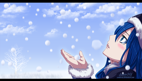 Anime picture 3600x2059 with fairy tail juvia lockser iitheluciferii single long hair blush highres blue eyes wide image blue hair absurdres sky cloud (clouds) profile coloring snowing letterboxed looking up winter girl