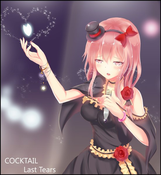 Anime picture 1176x1280 with original seedkeng single long hair tall image blush open mouth pink hair pink eyes hair flower girl dress hair ornament flower (flowers) microphone
