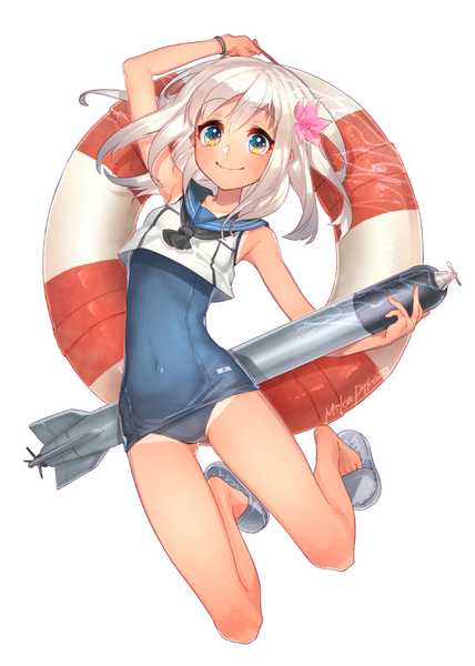 Anime picture 1073x1503 with kantai collection ro-500 submarine u-511 submarine mika pikazo single long hair tall image looking at viewer fringe light erotic simple background smile white background yellow eyes bent knee (knees) white hair hair flower jumping tan tan lines