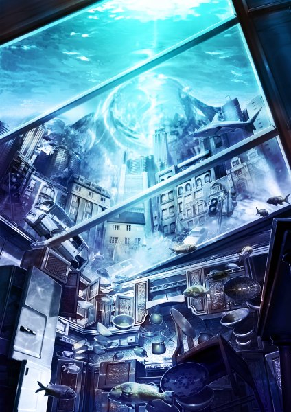Anime picture 848x1200 with original zonmin tall image sky cloud (clouds) underwater no people glow animal water window building (buildings) fish (fishes) ground vehicle plate car kitchen refrigerator bus