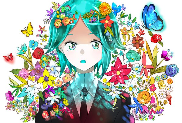 Anime picture 2580x1748 with houseki no kuni phosphophyllite kayanogura single highres short hair open mouth white background upper body aqua eyes aqua hair floral background androgynous flower (flowers) necktie pendant insect butterfly wreath