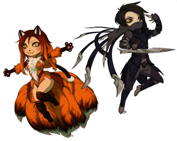 Anime picture 2000x1600 with league of legends ahri (league of legends) talon (league of legends) long hair highres simple background white background yellow eyes teeth fang (fangs) fox ears facial mark multiple tails whisker markings girl dress boy weapon armor fur