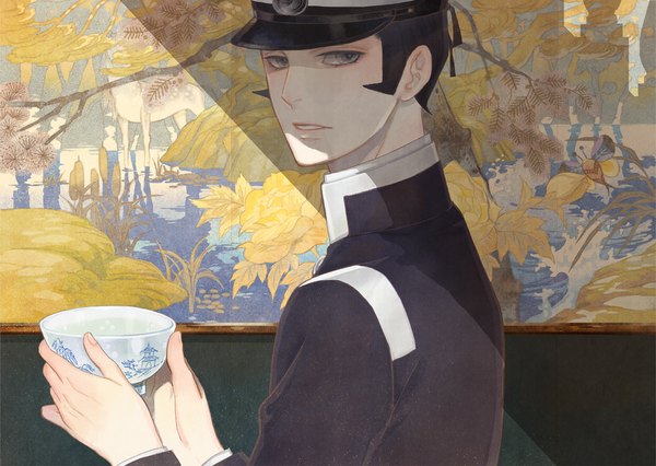 Anime picture 1085x772 with shin megami tensei devil summoner kuzunoha raidou novingo single looking at viewer short hair black hair upper body grey eyes shaded face sidewhiskers boy uniform hat cup peaked cap picture