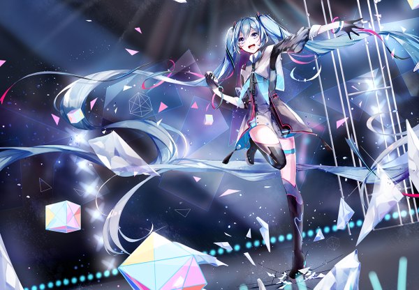 Anime picture 1200x833 with vocaloid magical mirai (vocaloid) hatsune miku magical mirai miku magical mirai miku (2015) mamenomoto single looking at viewer fringe open mouth standing twintails purple eyes blue hair very long hair arm up outstretched arm happy standing on one leg reflection