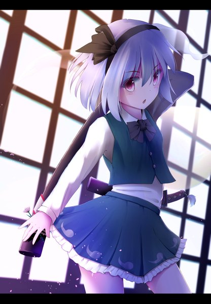 Anime picture 654x943 with touhou konpaku youmu myon akabeko (ku-enn) single tall image looking at viewer blush fringe short hair open mouth hair between eyes silver hair indoors pink eyes :o outstretched arm letterboxed arm behind head girl