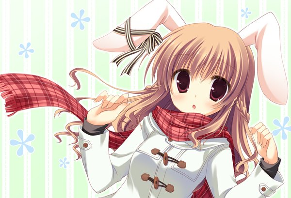 Anime picture 1000x683 with original yukie (peach candy) single long hair blush red eyes brown hair bunny ears girl jacket scarf