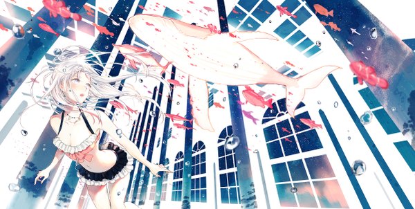 Anime picture 2403x1212 with original vient single long hair blush highres open mouth wide image twintails looking away sky white hair underwater white eyes surreal girl skirt earrings miniskirt animal