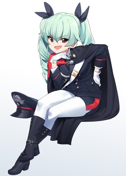 Anime picture 700x980 with girls und panzer anchovy (girls und panzer) ssberit single long hair tall image fringe open mouth simple background hair between eyes sitting brown eyes looking away full body green hair hand on hip gradient background drill hair hat removed military