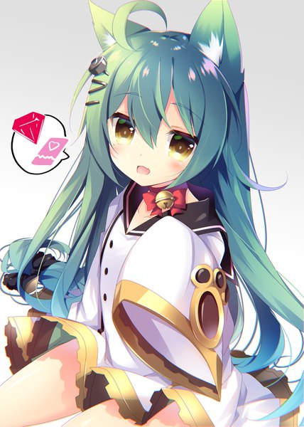 Anime picture 700x982 with azur lane akashi (azur lane) nanamomo rio single tall image looking at viewer blush open mouth simple background sitting animal ears yellow eyes ahoge long sleeves very long hair green hair gradient background low ponytail sailor collar girl