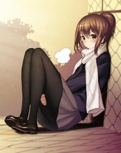 Anime picture 927x1169 with original inubou single tall image looking at viewer blush short hair brown hair sitting brown eyes ponytail sunlight girl skirt miniskirt pantyhose shoes jacket scarf