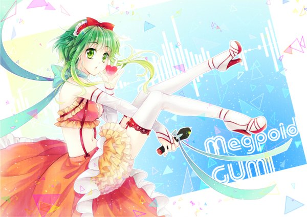 Anime picture 1228x868 with vocaloid gumi momoko (momoko14) single short hair open mouth green eyes green hair girl thighhighs navel hair ornament ribbon (ribbons) hair ribbon white thighhighs microphone