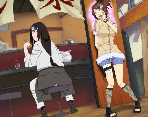 Anime picture 3200x2534 with naruto original studio pierrot naruto (series) hyuuga neji dannex009 long hair blush highres short hair open mouth black hair smile brown hair absurdres ponytail japanese clothes pink eyes looking back coloring