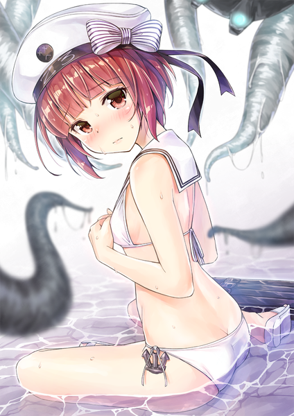 Anime picture 800x1131 with kantai collection z3 destroyer (max schultz) enemy naval mine (kantai collection) kotatsu (kotatsu358) single tall image looking at viewer blush fringe short hair light erotic red eyes sitting ass red hair blunt bangs wet sweat embarrassed character names