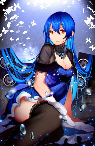 Anime picture 700x1076 with love live! school idol project sunrise (studio) love live! sonoda umi xiaoshou xiansheng single long hair tall image blue hair orange eyes girl thighhighs dress black thighhighs insect butterfly bubble (bubbles)