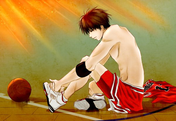 Anime picture 1593x1098 with slam dunk (series) rukawa kaede mw (pixiv) short hair brown hair sitting profile black eyes topless basketball uniform shorts gym uniform ball sneakers wristlet basketball uniform