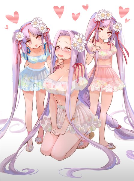 Anime picture 596x800 with fate (series) fate/grand order fate/stay night fate/hollow ataraxia rider euryale (fate) stheno kettle21 tall image blush breasts open mouth light erotic smile large breasts standing twintails bare shoulders multiple girls looking away