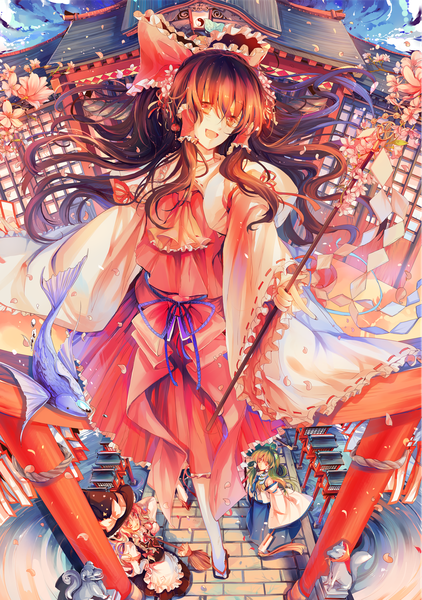 Anime picture 1113x1583 with touhou hakurei reimu kirisame marisa kochiya sanae kirero (pixiv) long hair tall image blush open mouth blonde hair smile brown hair multiple girls traditional clothes green hair orange eyes cherry blossoms miko river girl