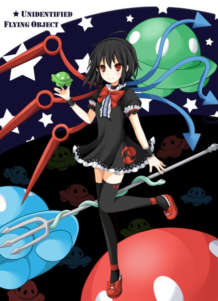 Anime picture 1476x2031 with touhou houjuu nue sumi mi tall image short hair black hair smile red eyes girl thighhighs dress bow black thighhighs wings trident spacecraft ufo flying saucer