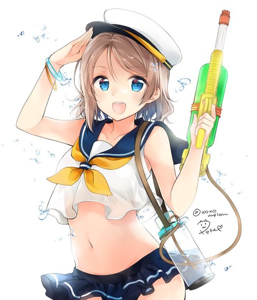 Anime picture 700x818 with love live! sunshine!! sunrise (studio) love live! watanabe you peke (xoxopeke) single tall image looking at viewer short hair open mouth blue eyes light erotic simple background brown hair white background signed :d midriff twitter username salute