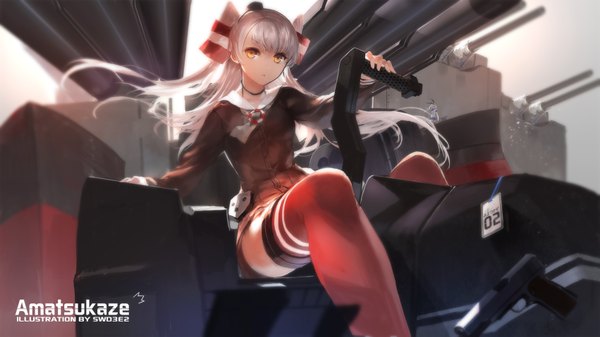 Anime picture 1701x957 with kantai collection amatsukaze destroyer swd3e2 single long hair looking at viewer highres wide image sitting brown eyes silver hair two side up zettai ryouiki character names girl thighhighs dress hair ornament weapon hat