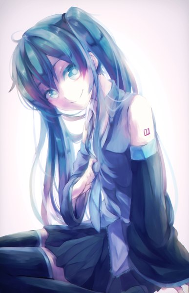 Anime picture 1049x1624 with vocaloid hatsune miku yoru (laciexalice) single long hair tall image looking at viewer blush fringe blue eyes smile sitting twintails bare shoulders blue hair long sleeves pleated skirt wide sleeves tattoo pink background