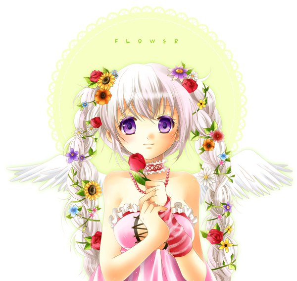 Anime picture 1300x1230 with original churen single long hair looking at viewer blush twintails purple eyes bare shoulders braid (braids) hair flower light smile twin braids girl dress hair ornament flower (flowers) wings