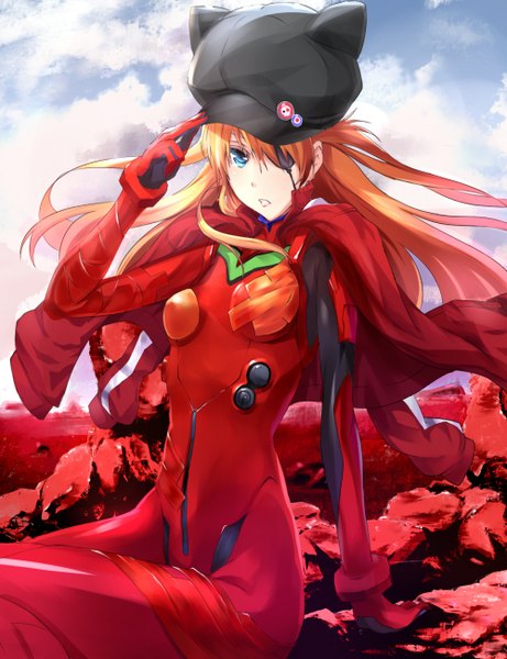 Anime picture 1000x1300 with neon genesis evangelion rebuild of evangelion evangelion: 2.0 you can (not) advance end of evangelion gainax soryu asuka langley shikinami asuka langley single long hair tall image looking at viewer fringe blue eyes smile sitting sky cloud (clouds) orange hair open clothes open jacket