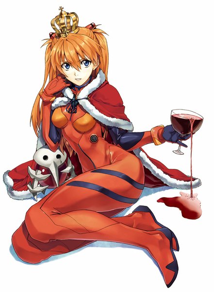 Anime picture 735x1000 with neon genesis evangelion gainax soryu asuka langley luna (reclaimed land) single long hair tall image looking at viewer fringe breasts blue eyes simple background white background holding lying orange hair girl crown mantle wine glass