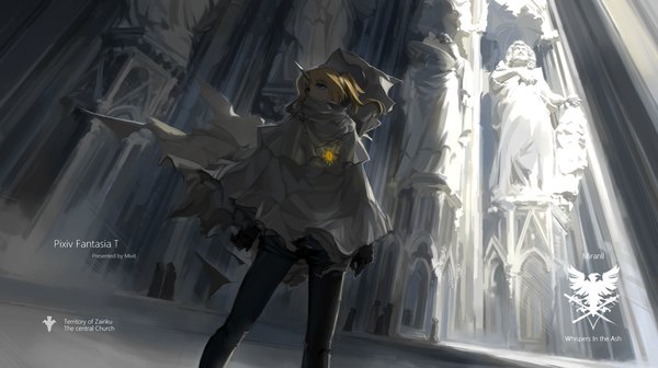 Anime picture 2500x1400 with original pixiv fantasia mivit single highres short hair blue eyes blonde hair wide image yellow eyes horn (horns) wind sunlight shadow from below girl gloves black gloves pendant statue