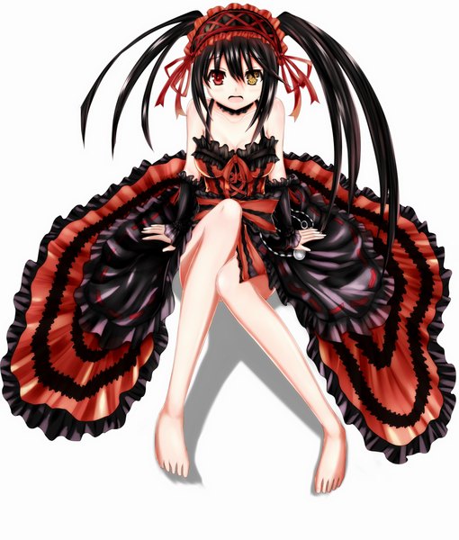 Anime picture 3816x4488 with date a live tokisaki kurumi long hair tall image highres open mouth black hair simple background white background twintails absurdres barefoot legs heterochromia uneven twintails girl dress detached sleeves frills