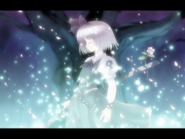 Anime picture 1600x1200 with touhou konpaku youmu single short hair silver hair outdoors eyes closed profile letterboxed sheathed girl skirt flower (flowers) plant (plants) tree (trees) skirt set sheath