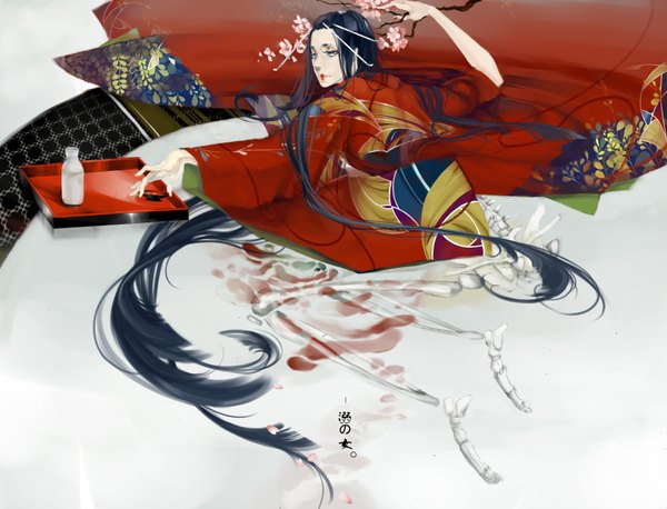 Anime picture 3300x2524 with original chhuang single long hair looking at viewer highres blue hair absurdres very long hair nail polish traditional clothes japanese clothes looking back lipstick cherry blossoms hieroglyph eyeshadow skeleton bone (bones) girl