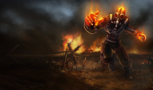 Anime picture 1215x717 with league of legends brand (league of legends) wide image boy boots fire flame gas mask barbed wire