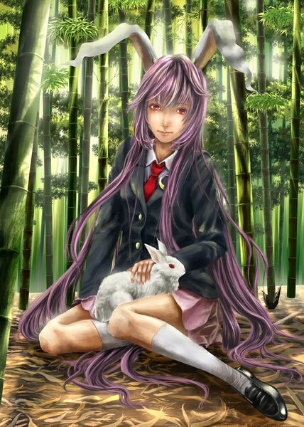 Anime picture 713x1000 with touhou reisen udongein inaba inaba yorubehakiete tenohiragaeshi single tall image fringe red eyes sitting animal ears pink hair very long hair bunny ears girl skirt plant (plants) animal socks necktie leaf (leaves)