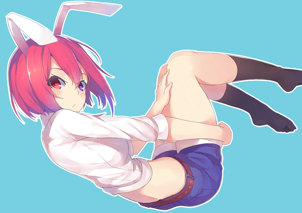 Anime picture 1200x848 with original kuroito (snowflyer) single looking at viewer blush short hair simple background animal ears pink hair pink eyes bunny ears no shoes heterochromia blue background girl shirt socks shorts black socks