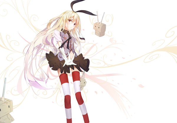 Anime picture 2716x1889 with kantai collection shimakaze destroyer rensouhou-chan lilikou single long hair blush fringe highres blonde hair standing brown eyes looking away zettai ryouiki girl thighhighs gloves elbow gloves white gloves hairband