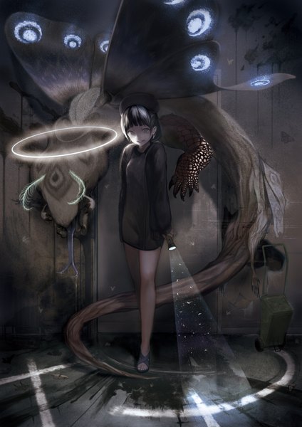 Anime picture 2894x4093 with original thinnesta single tall image looking at viewer fringe highres black hair smile standing holding lips grey eyes piercing light saliva glow girl hat earrings