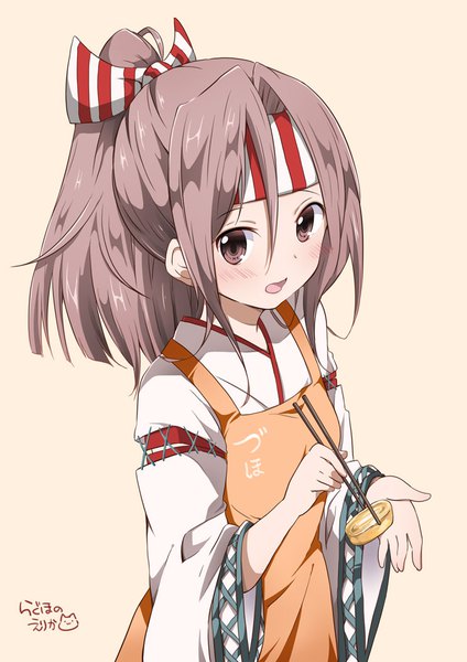Anime picture 744x1052 with kantai collection zuihou light aircraft carrier ragho no erika single long hair tall image blush fringe open mouth simple background hair between eyes brown hair holding brown eyes looking away upper body ponytail wide sleeves yellow background girl