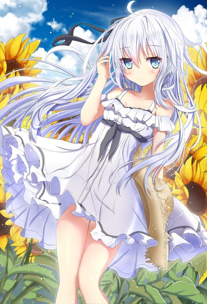 Anime picture 595x871 with kantai collection hibiki destroyer aruka (alka p1) single long hair tall image looking at viewer blush fringe blue eyes hair between eyes bare shoulders sky silver hair cloud (clouds) ahoge light smile wind alternate costume summer