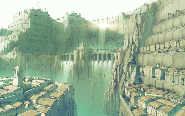 Anime picture 1200x750 with original mary (pixiv) wide image sunlight city mountain no people landscape waterfall water