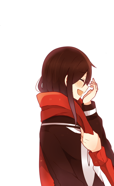 Anime picture 900x1466 with kagerou project shaft (studio) tateyama ayano kisaragi shintarou kiichigo (k-15) long hair tall image blush fringe open mouth simple background smile brown hair standing white background holding payot ahoge upper body eyes closed